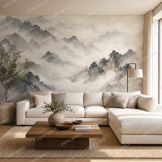 Sumi-e Mountains wallpaper in a Dubai living room - Peps Wall