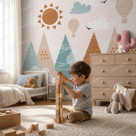 Sunny Mountains kids room wallpaper - custom mural printed and installed in Dubai