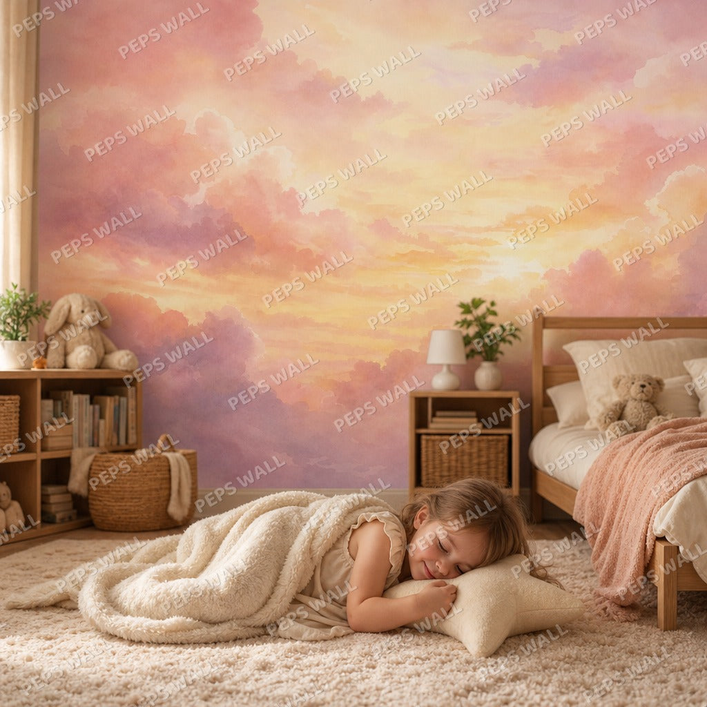 Sunset Clouds - Blush Gold wallpaper mural — kids room mockup