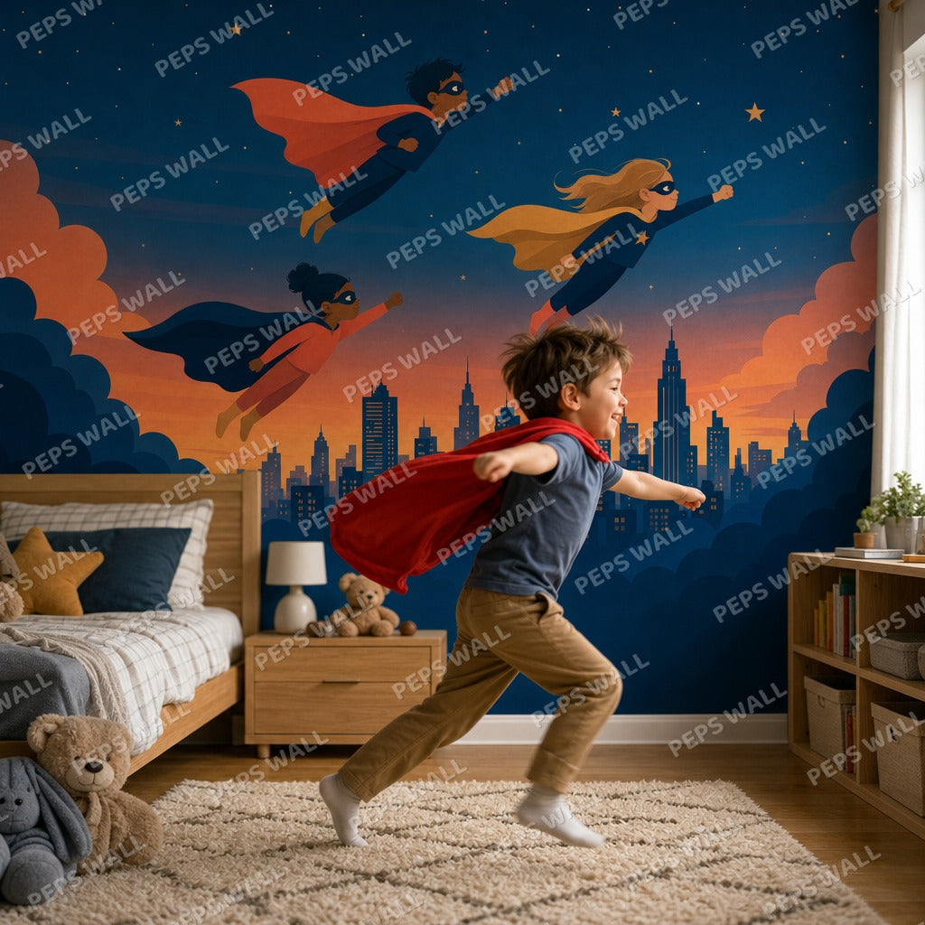 Super Kids Skyline - Minimalist Graphic wallpaper mural — kids room mockup