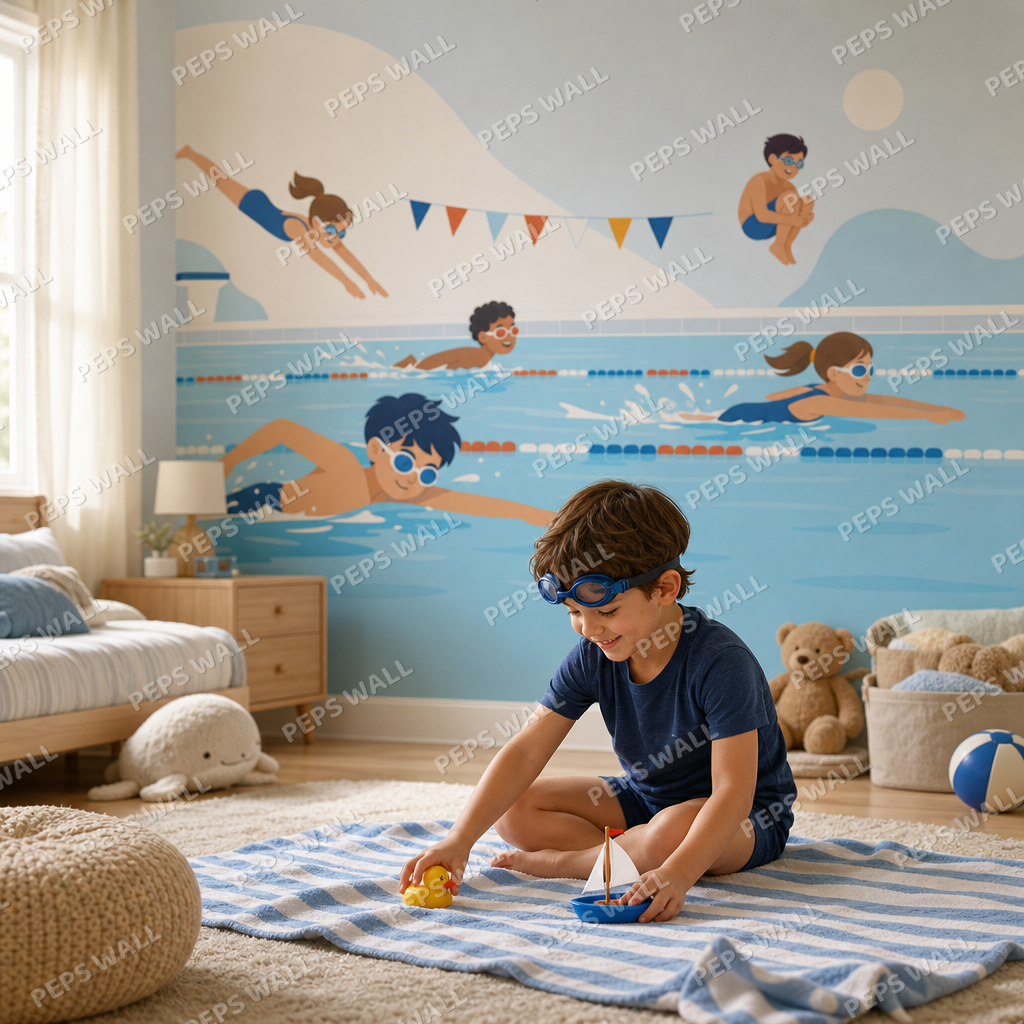 Swimming Splash - Minimalist kids room wallpaper - custom mural printed and installed in Dubai