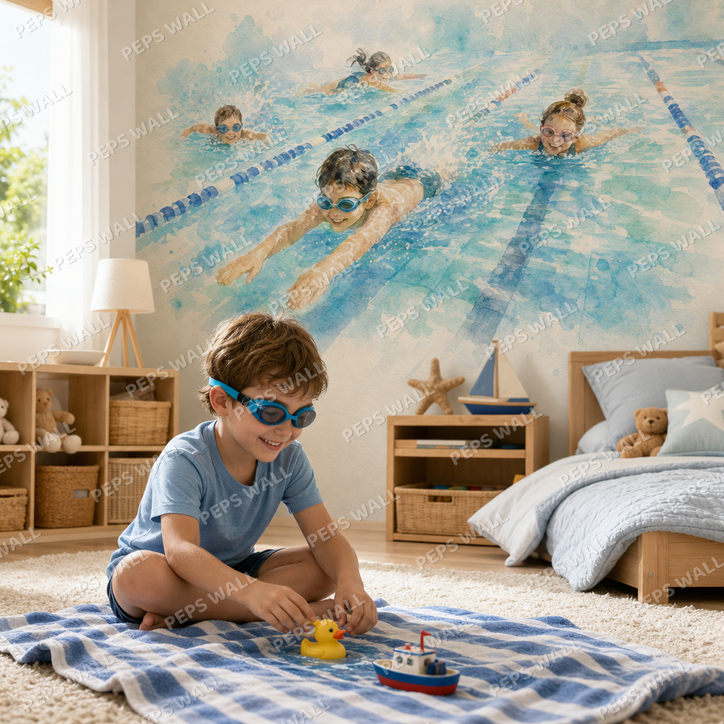 Swimming Splash - Watercolor kids room wallpaper - custom mural printed and installed in Dubai