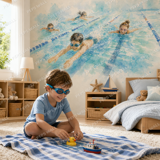 Swimming Splash - Watercolor kids room wallpaper - custom mural printed and installed in Dubai