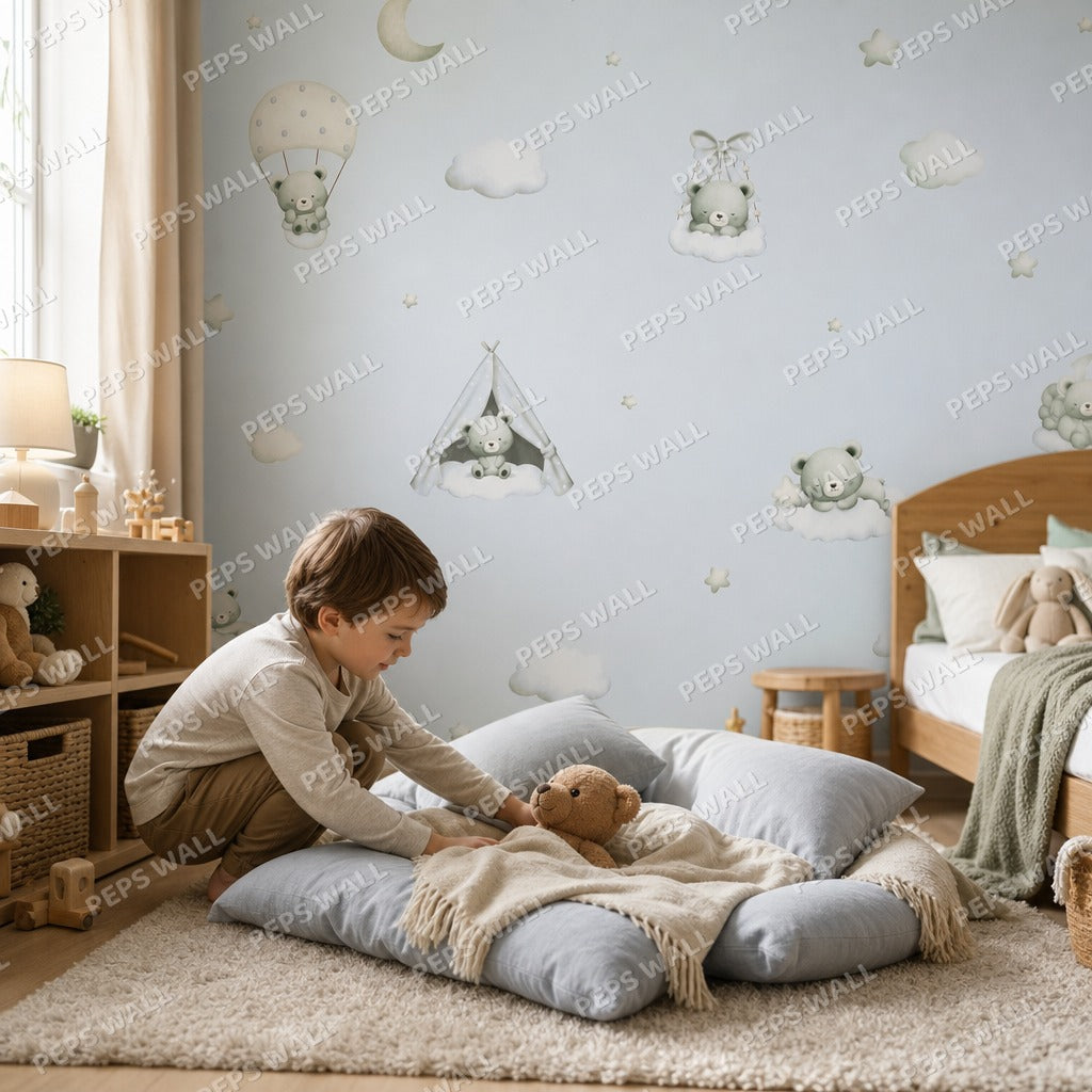 Teddy on Clouds - Sage wallpaper mural — kids room mockup