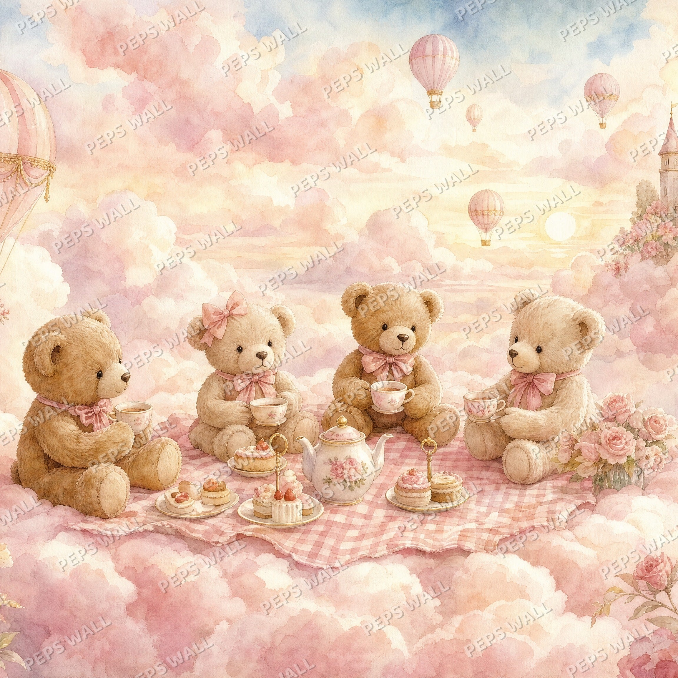 Teddy Picnic in the Clouds - Blush wallpaper design