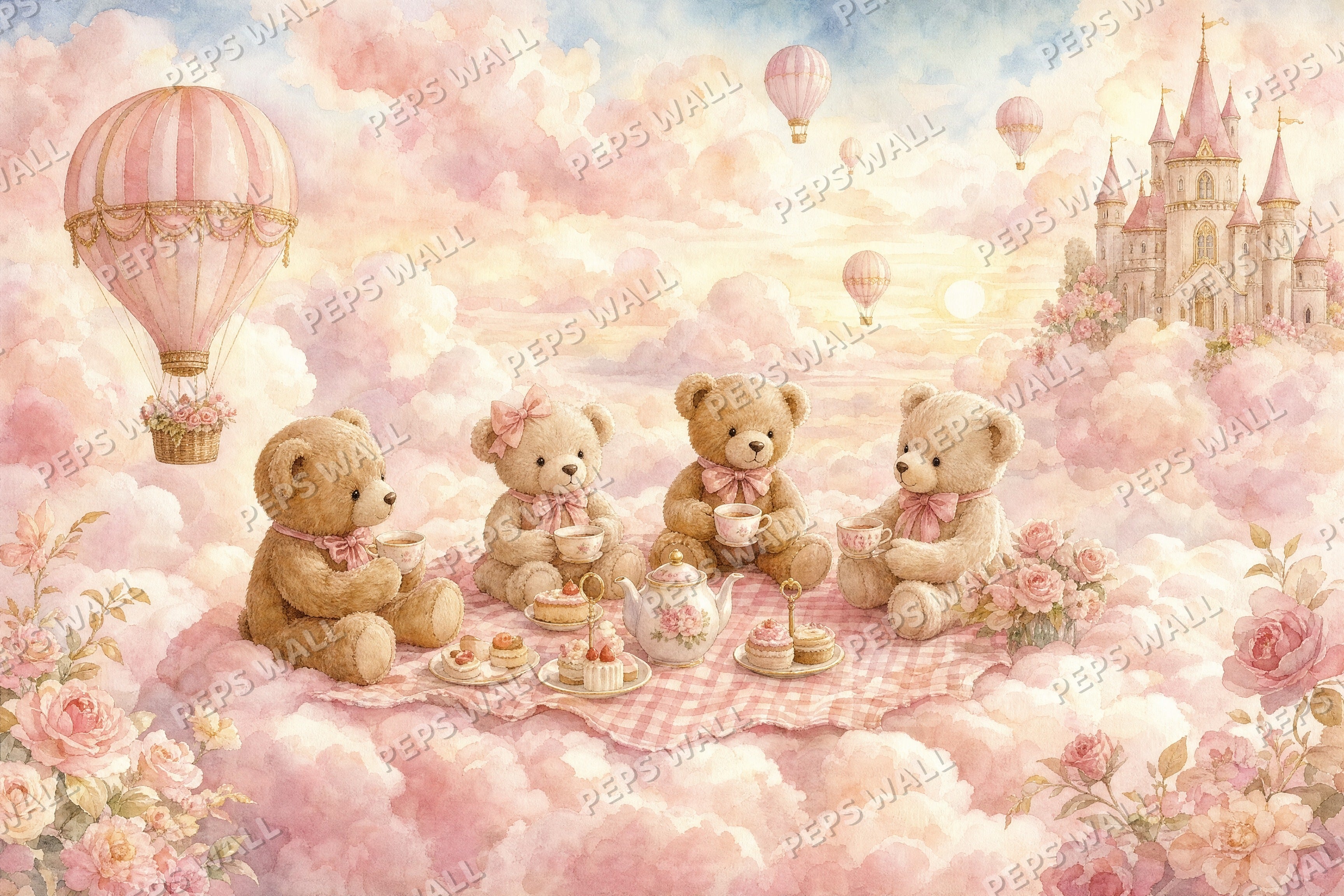 Teddy Picnic in the Clouds - Blush full wall mural design