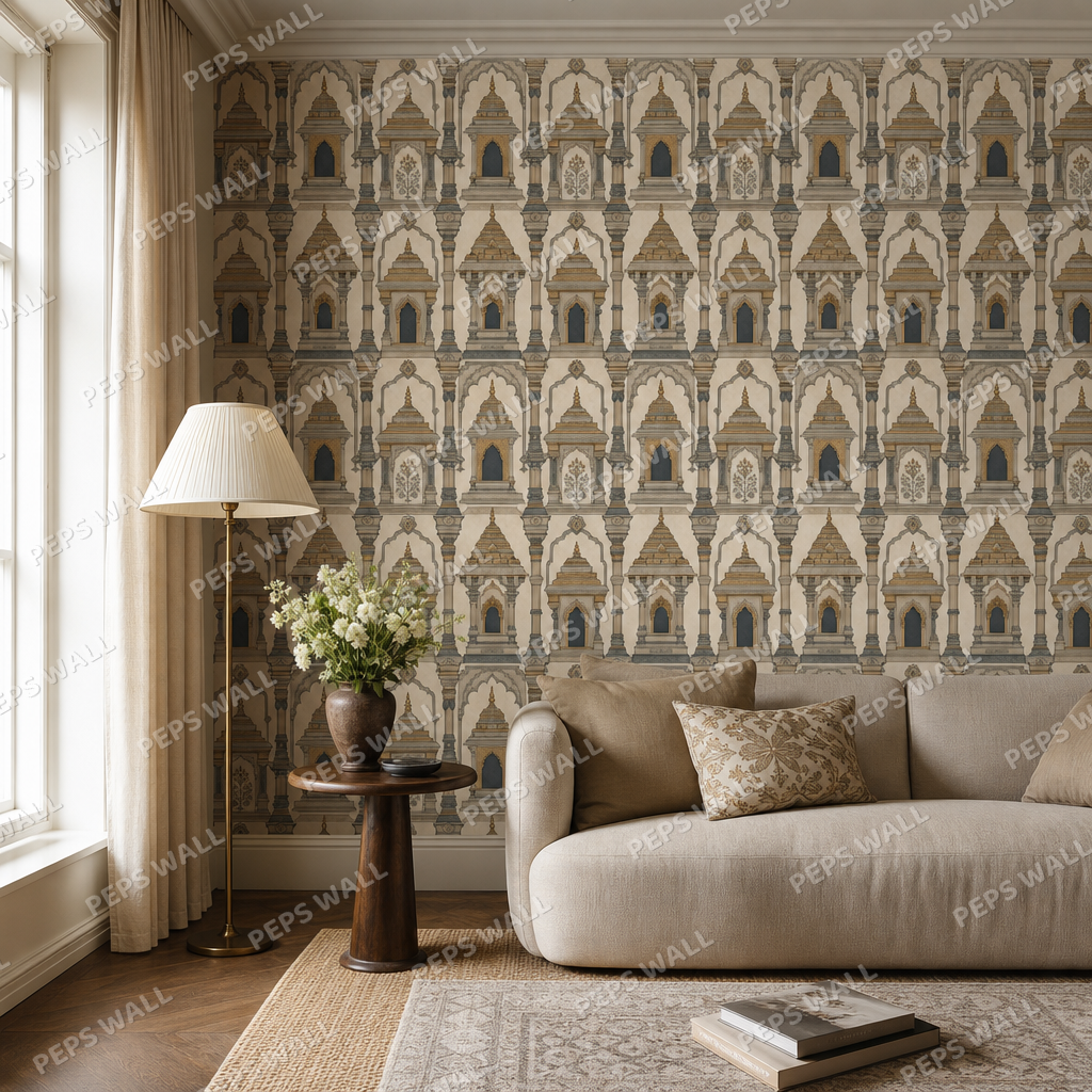 Temple Heritage Pattern living room wallpaper - custom mural printed and installed in Dubai