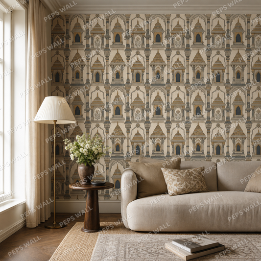 Temple Heritage Pattern living room wallpaper - custom mural printed and installed in Dubai