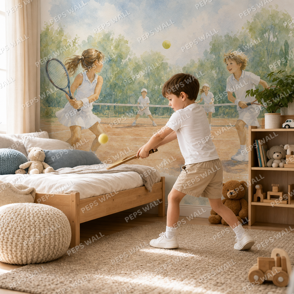 Tennis Match - Watercolor kids room wallpaper - custom mural printed and installed in Dubai