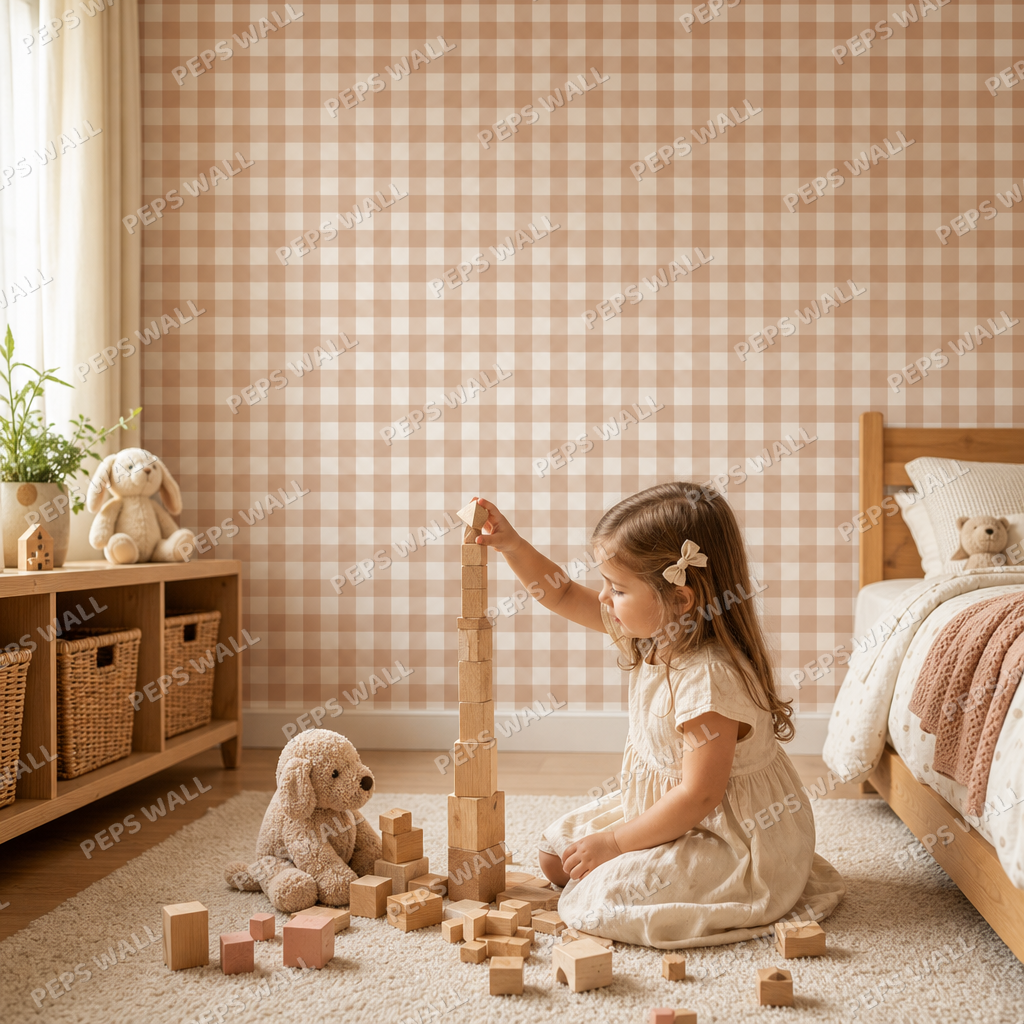 Terracotta Gingham kids room wallpaper - custom mural printed and installed in Dubai