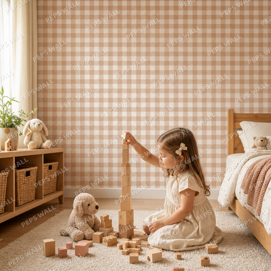 Terracotta Gingham kids room wallpaper - custom mural printed and installed in Dubai