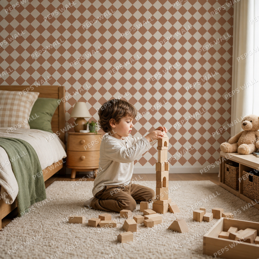Terracotta Houndstooth kids room wallpaper - custom mural printed and installed in Dubai