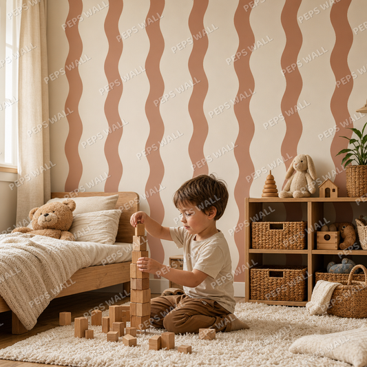 Terracotta Stripe Handdrawn kids room wallpaper - custom mural printed and installed in Dubai