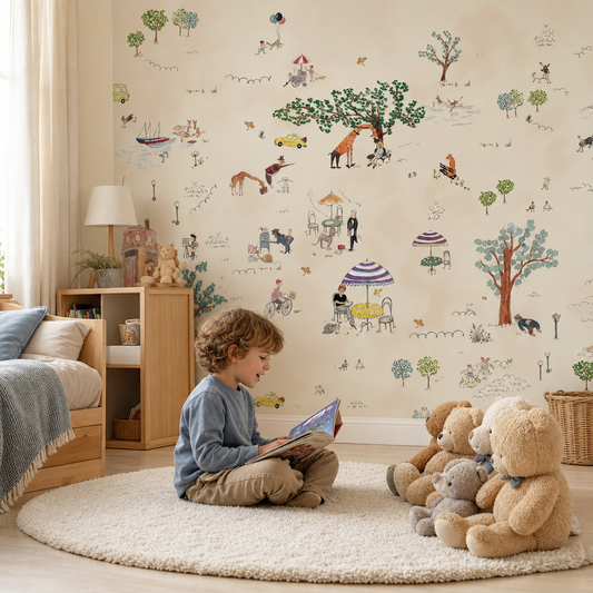 The Storybook Landscape kids room wallpaper - custom mural printed and installed in Dubai