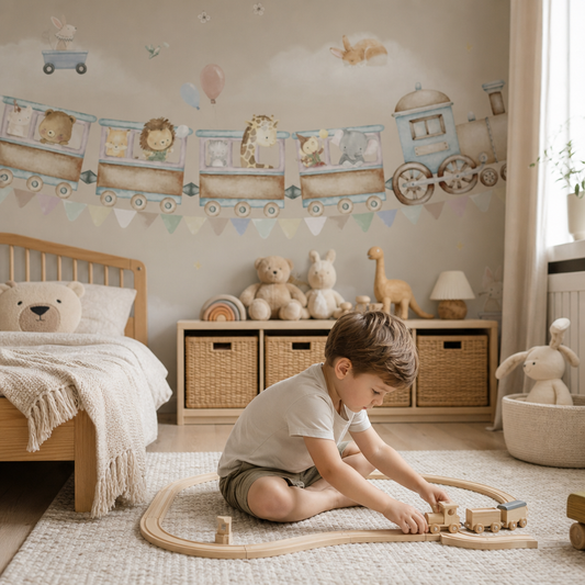 Toy train kids room wallpaper - custom mural printed and installed in Dubai