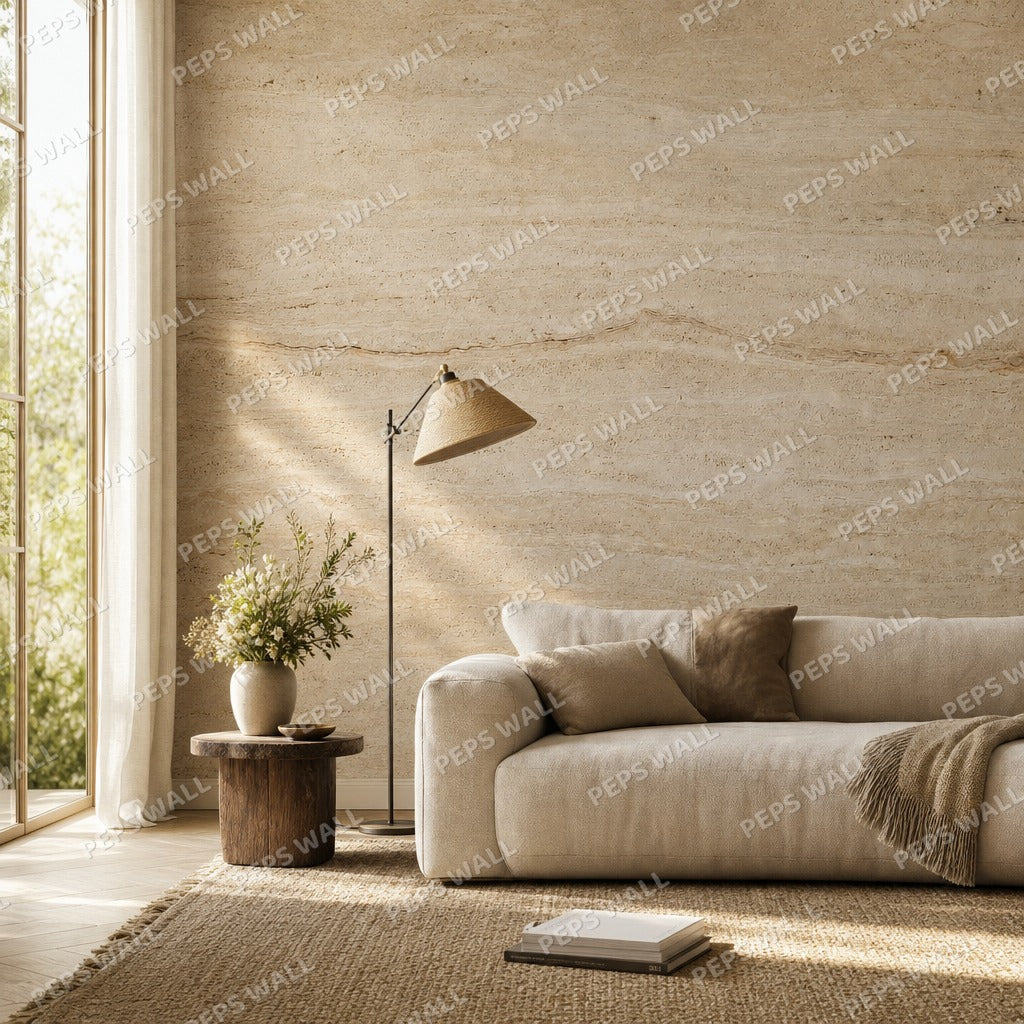 Travertine Flow - Stone wallpaper mural — living room mockup