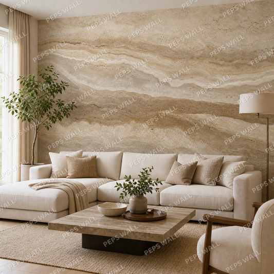 Warm Travertine wallpaper in a Dubai living room - Peps Wall