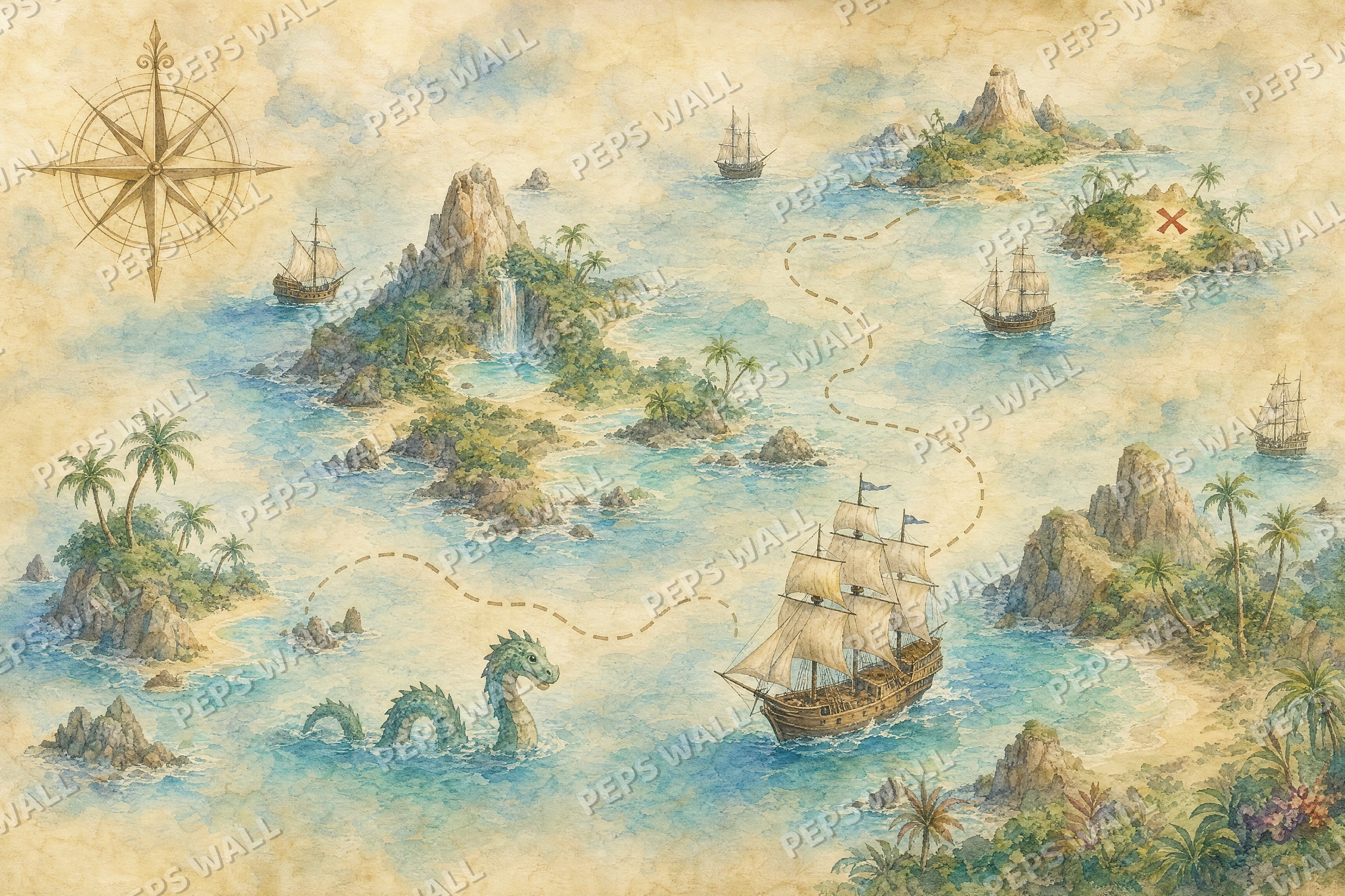 Treasure Map Adventure - Watercolor full wall mural design