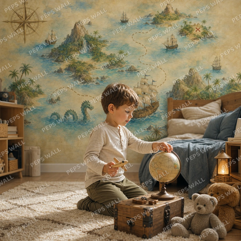 Treasure Map Adventure - Watercolor wallpaper mural — kids room mockup