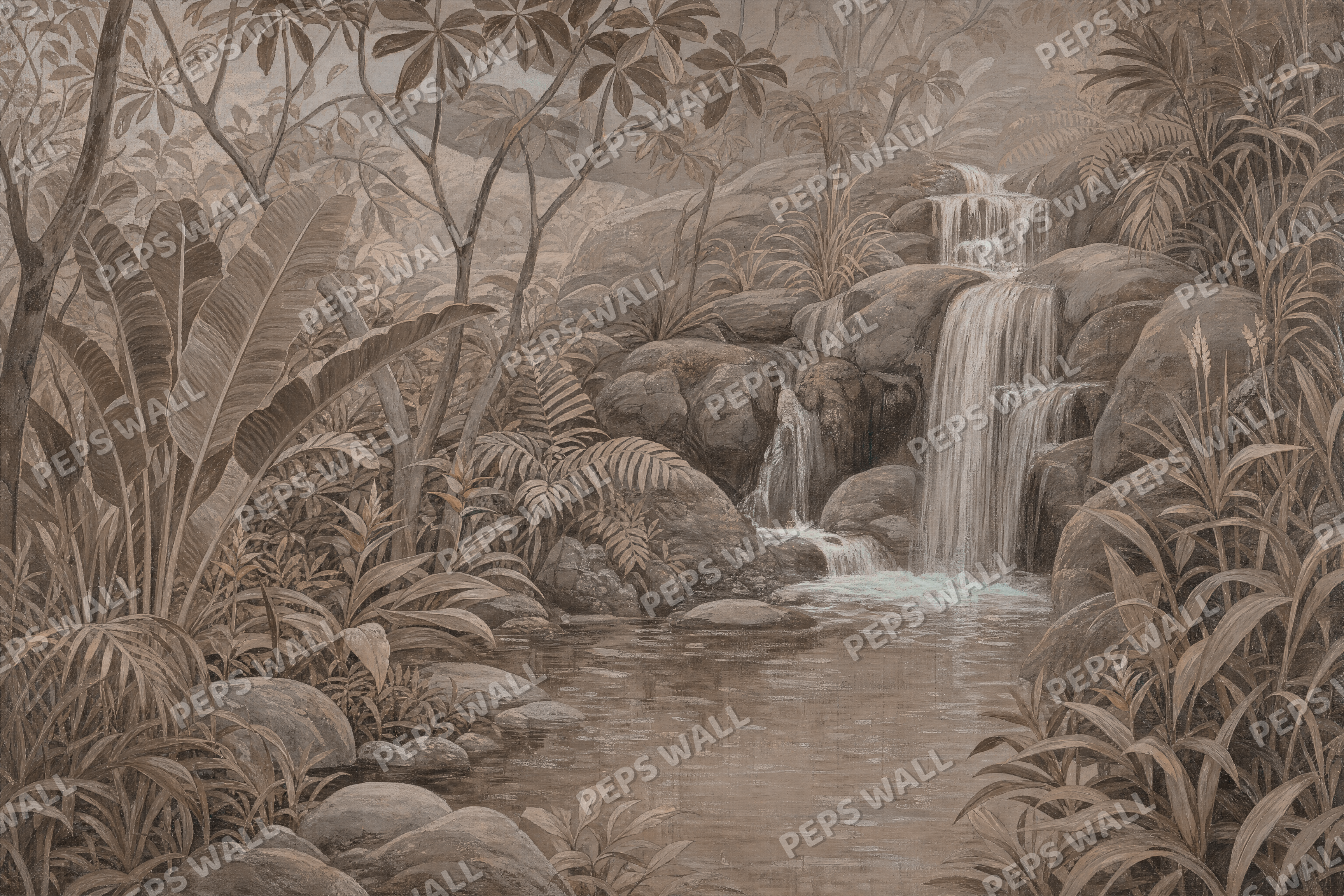 Tropical Falls in Sepia - made-to-measure wall mural design by Peps Wall Dubai