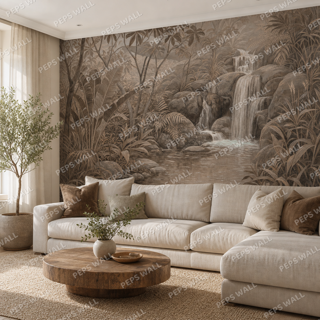 Tropical Falls in Sepia wallpaper in a Dubai living room - Peps Wall