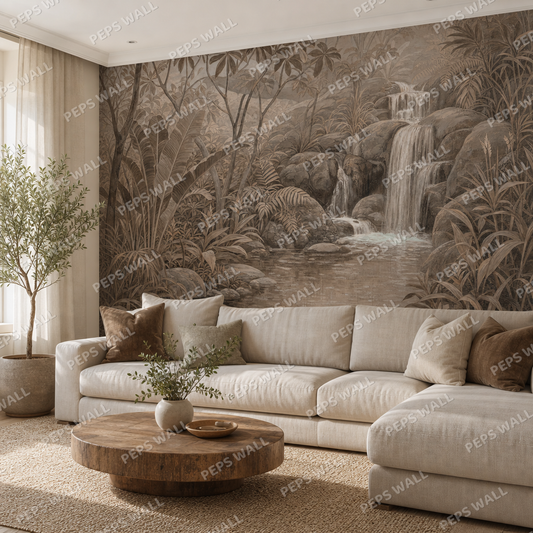 Tropical Falls in Sepia wallpaper in a Dubai living room - Peps Wall