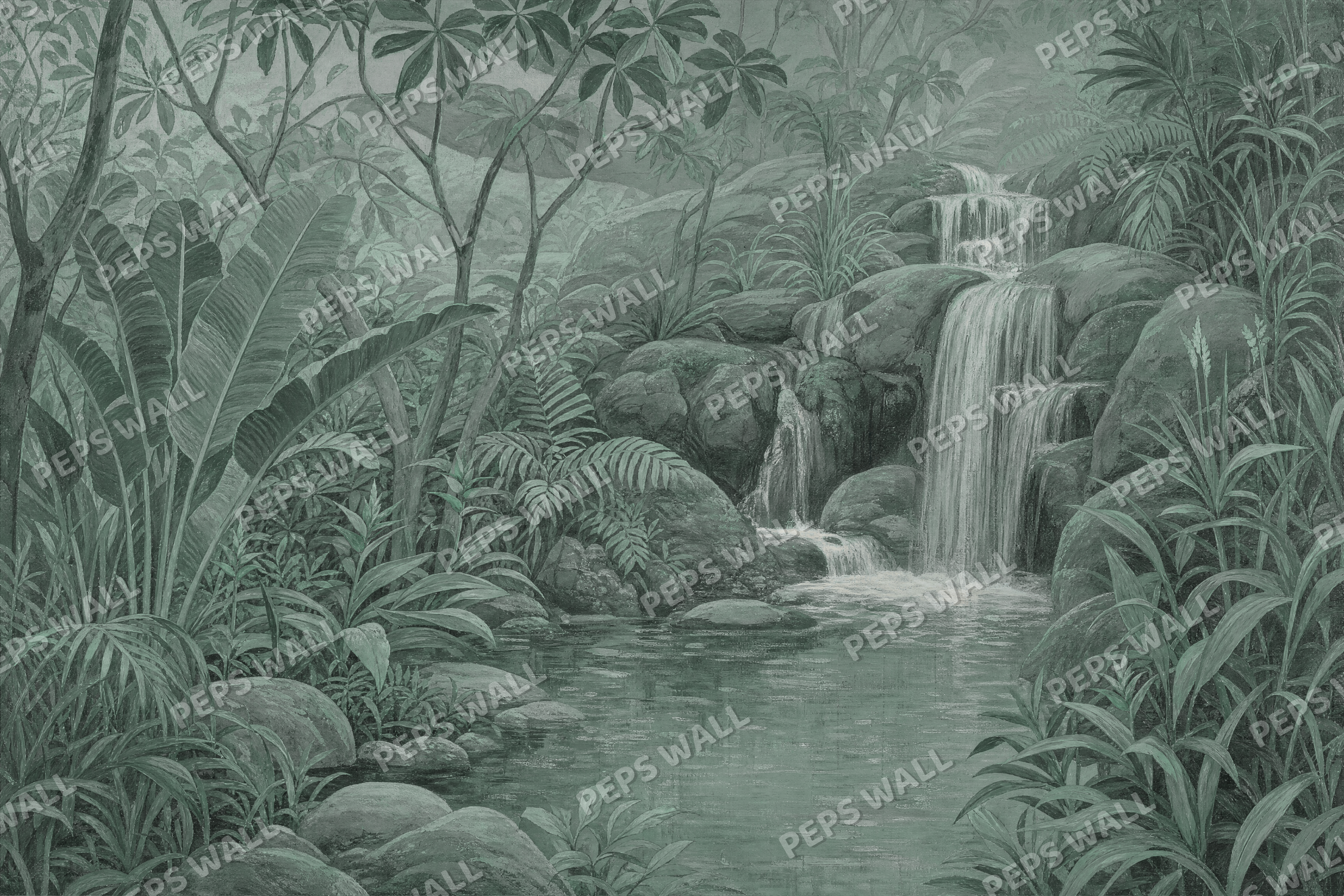Tropical Falls in Soft Mint - made-to-measure wall mural design by Peps Wall Dubai