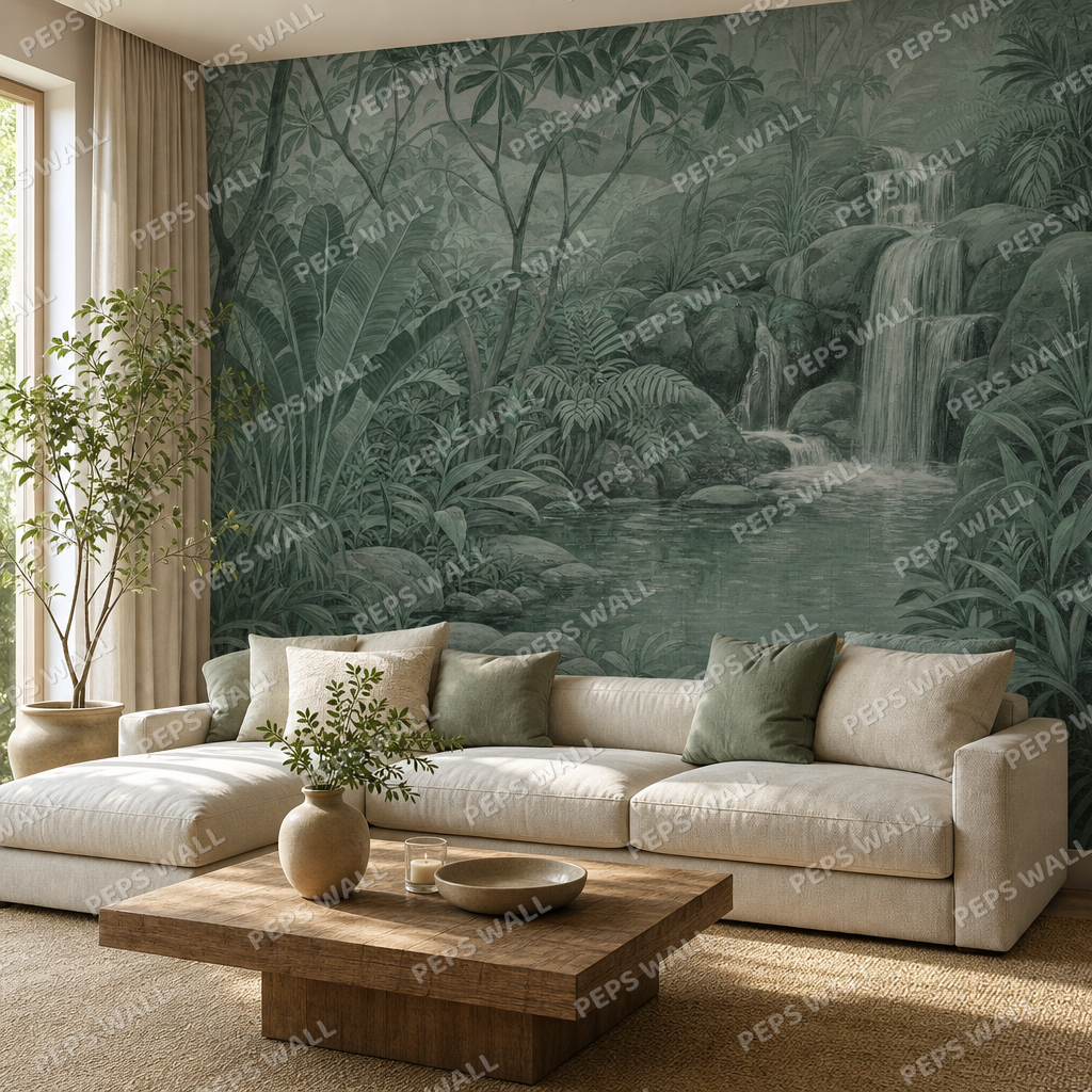 Tropical Falls in Soft Mint wallpaper in a Dubai living room - Peps Wall