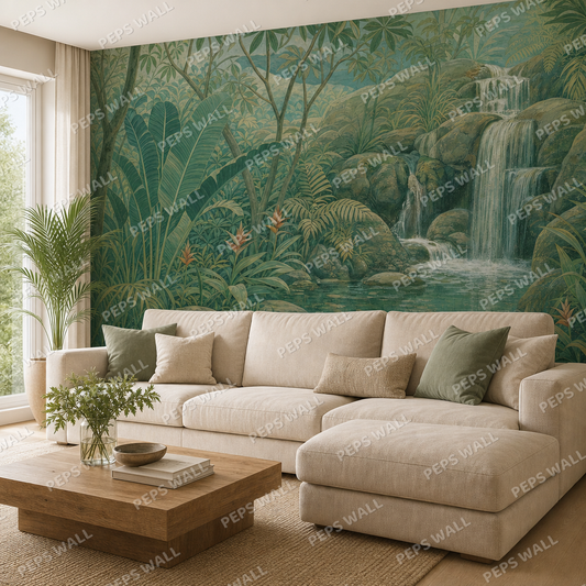 Tropical Falls wallpaper in a Dubai living room - Peps Wall