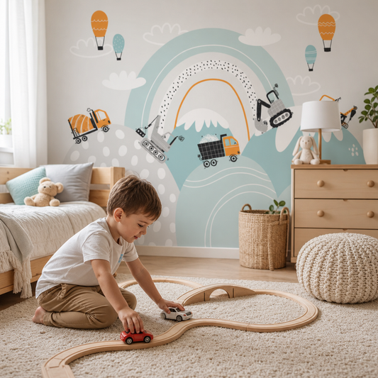 Trucks over the hills kids room wallpaper - custom mural printed and installed in Dubai