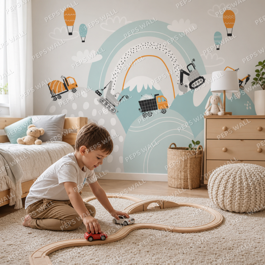 Trucks over the hills kids room wallpaper - custom mural printed and installed in Dubai
