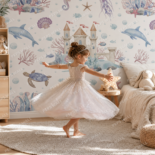 Underwater Castle kids room wallpaper - custom mural printed and installed in Dubai