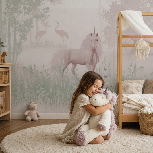 Unicorn in Dreamy Forrest kids room wallpaper - custom mural printed and installed in Dubai