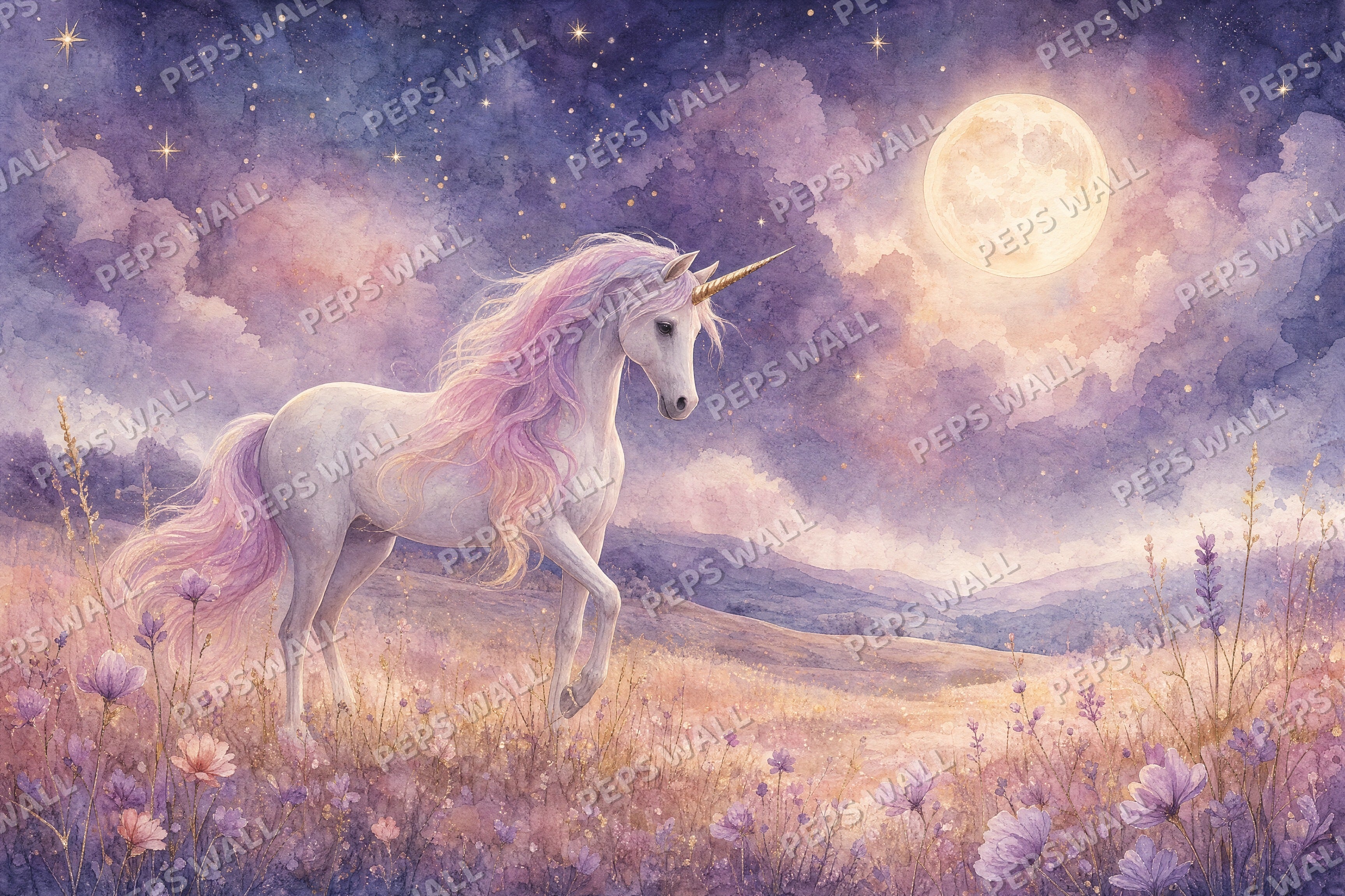 Unicorn Starlight - Watercolor full wall mural design