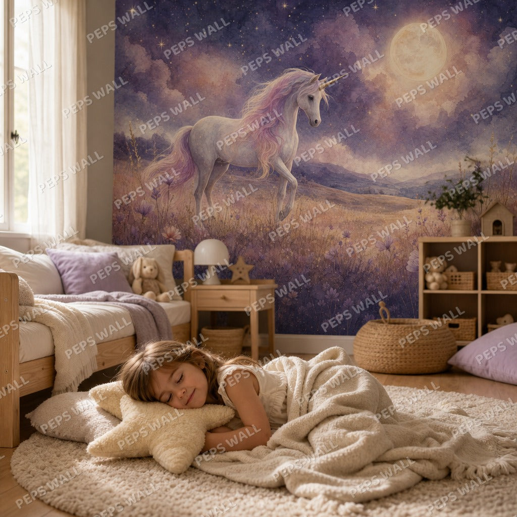 Unicorn Starlight - Watercolor wallpaper mural — kids room mockup
