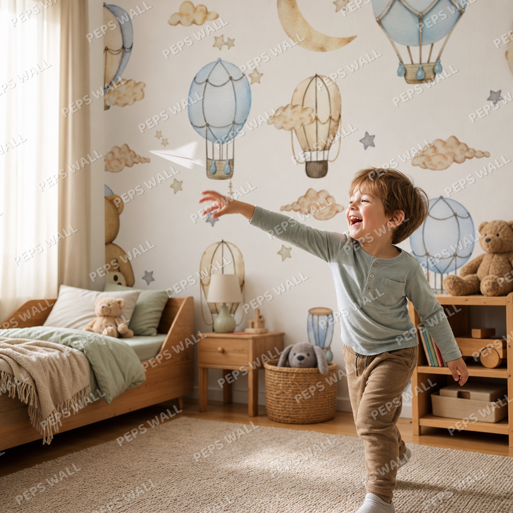 Vintage Blue Balloon kids room wallpaper - custom mural printed and installed in Dubai
