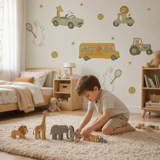 Vintage car & animals kids room wallpaper - custom mural printed and installed in Dubai