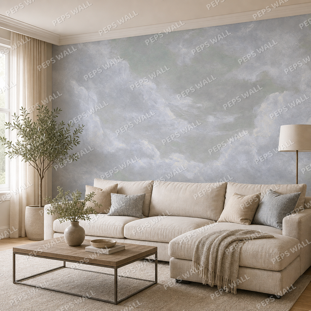 Vintage Clouds in Dusty Blue wallpaper in a Dubai living room - Peps Wall