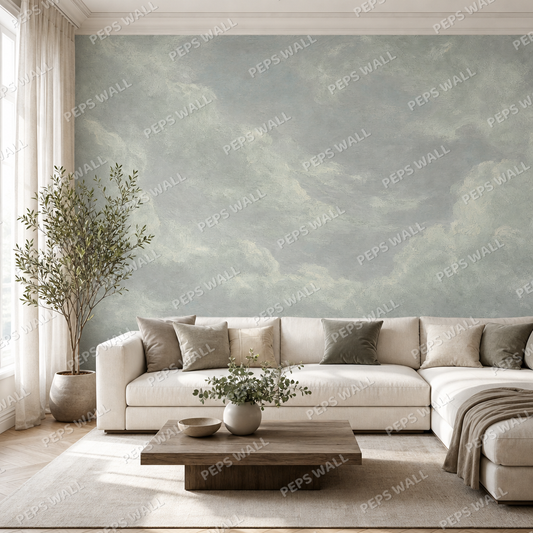 Vintage Clouds in Sage Mist wallpaper in a Dubai living room - Peps Wall