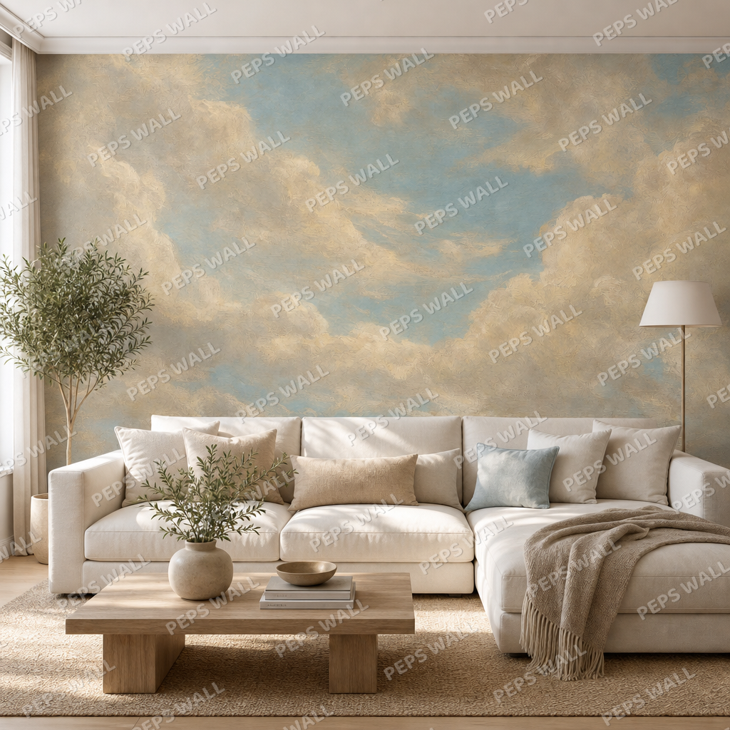 Vintage Clouds wallpaper in a Dubai living room - Peps Wall