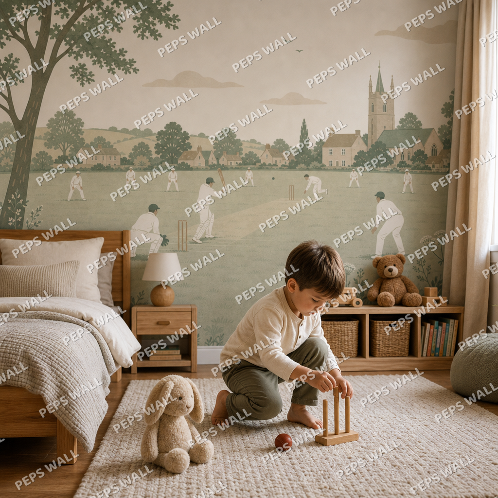 Vintage Cricket wallpaper in a Dubai kids bedroom - Peps Wall
