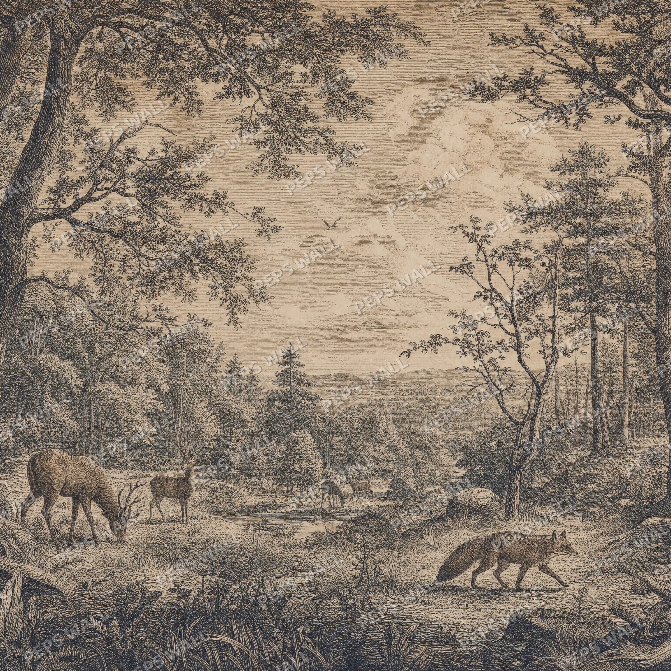 Vintage Etched Woodland - Pencil wallpaper design