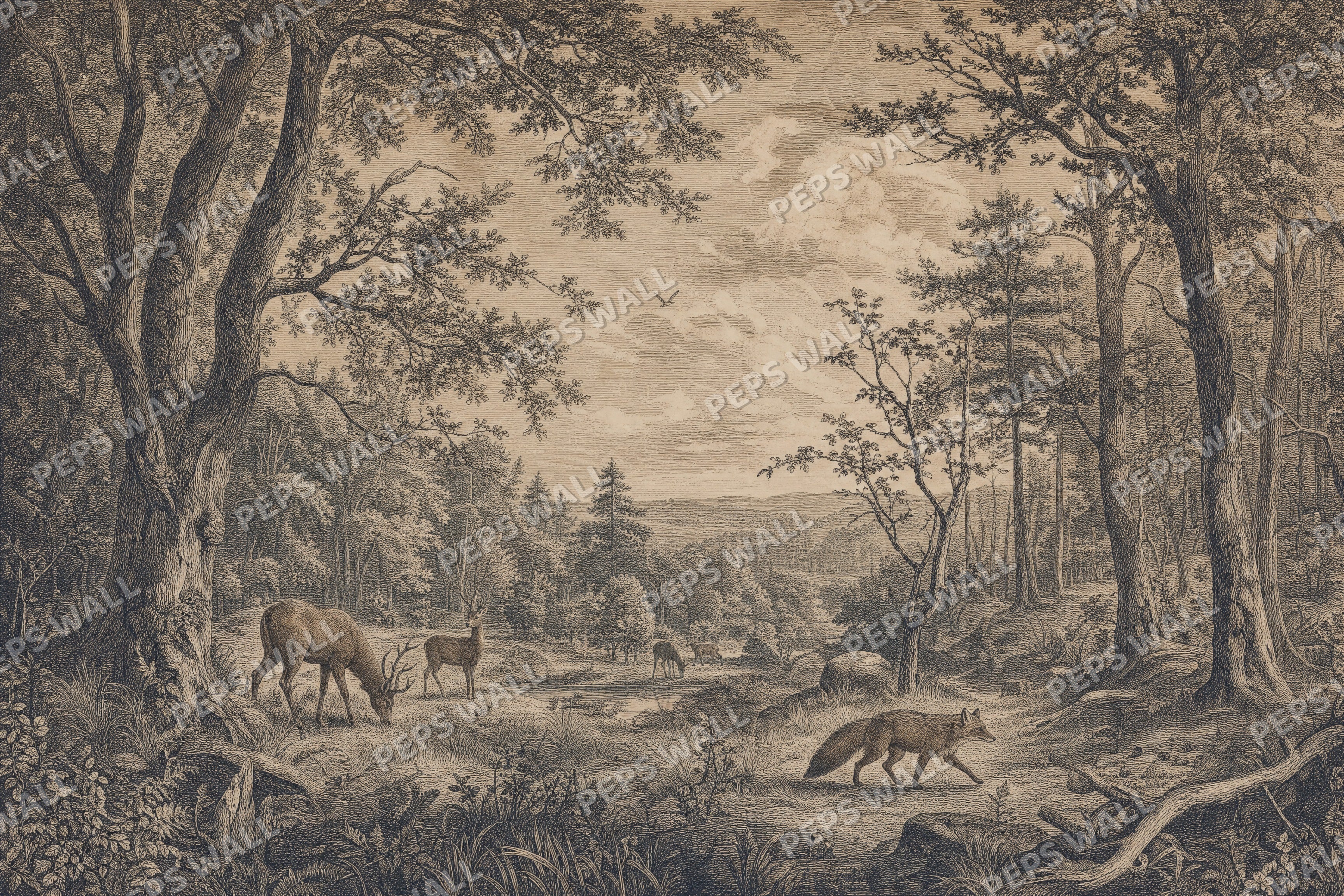 Vintage Etched Woodland - Pencil full wall mural design