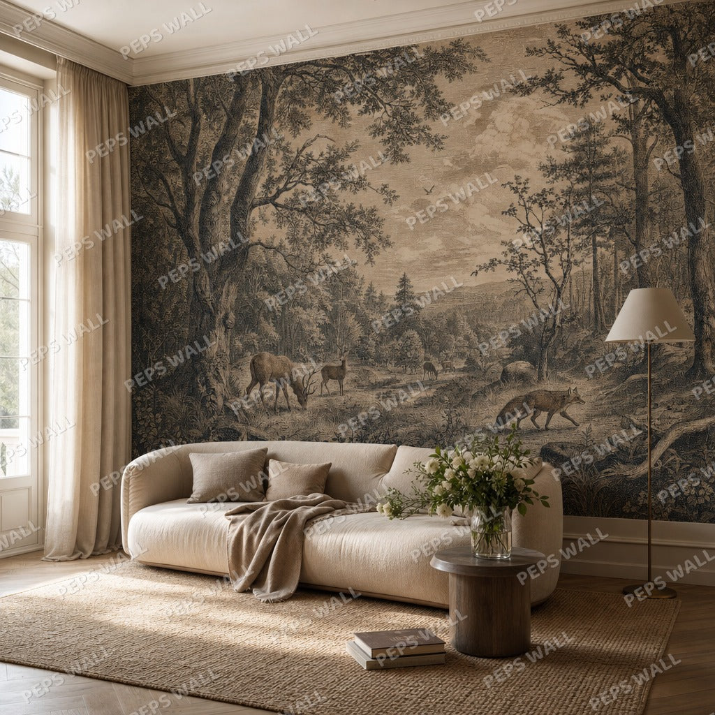 Vintage Etched Woodland - Pencil wallpaper mural — living room mockup