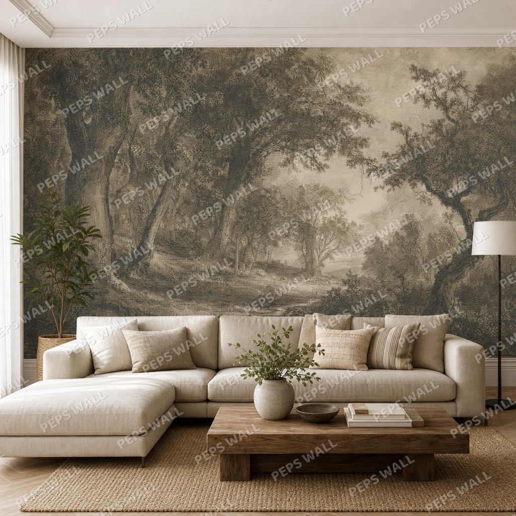 Vintage Grove wallpaper in a Dubai living room - Peps Wall