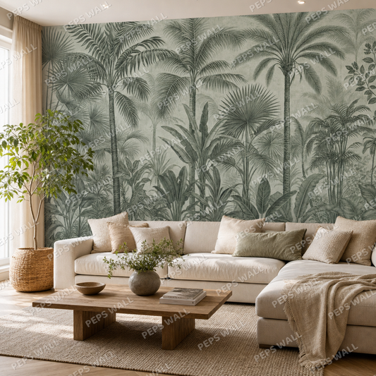 Vintage Palm Study in Sage wallpaper in a Dubai living room - Peps Wall