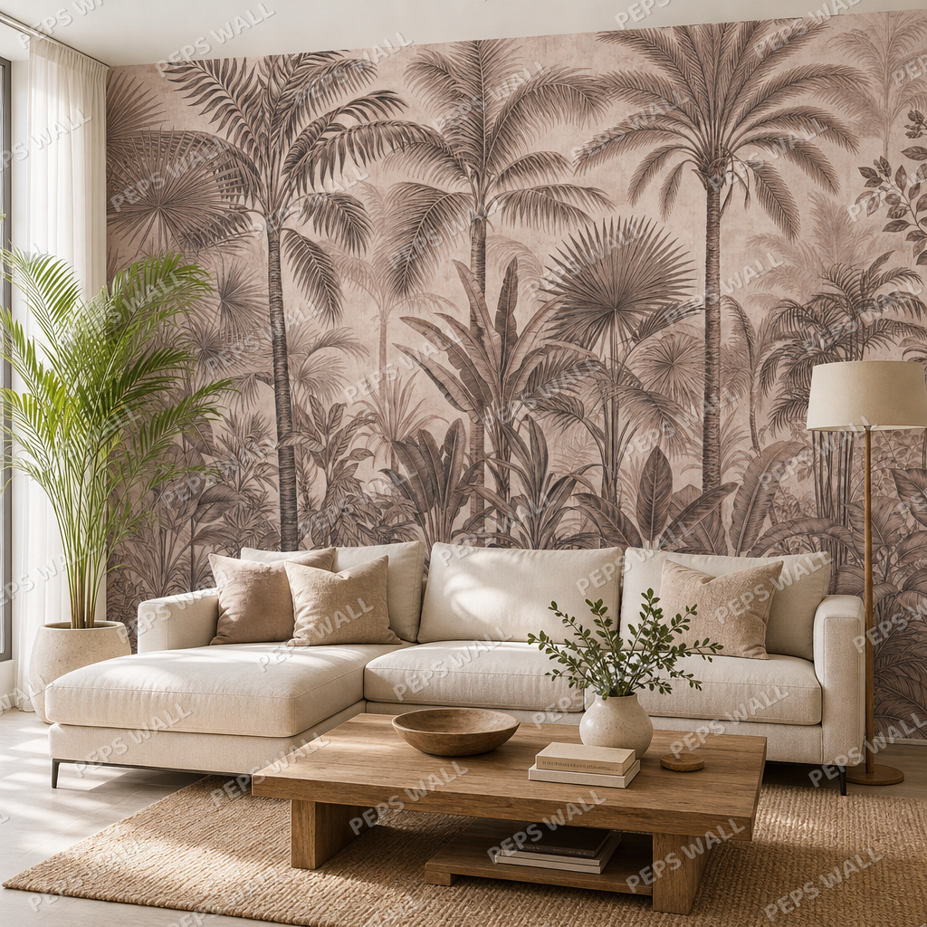 Vintage Palm Study in Terracotta wallpaper in a Dubai living room - Peps Wall