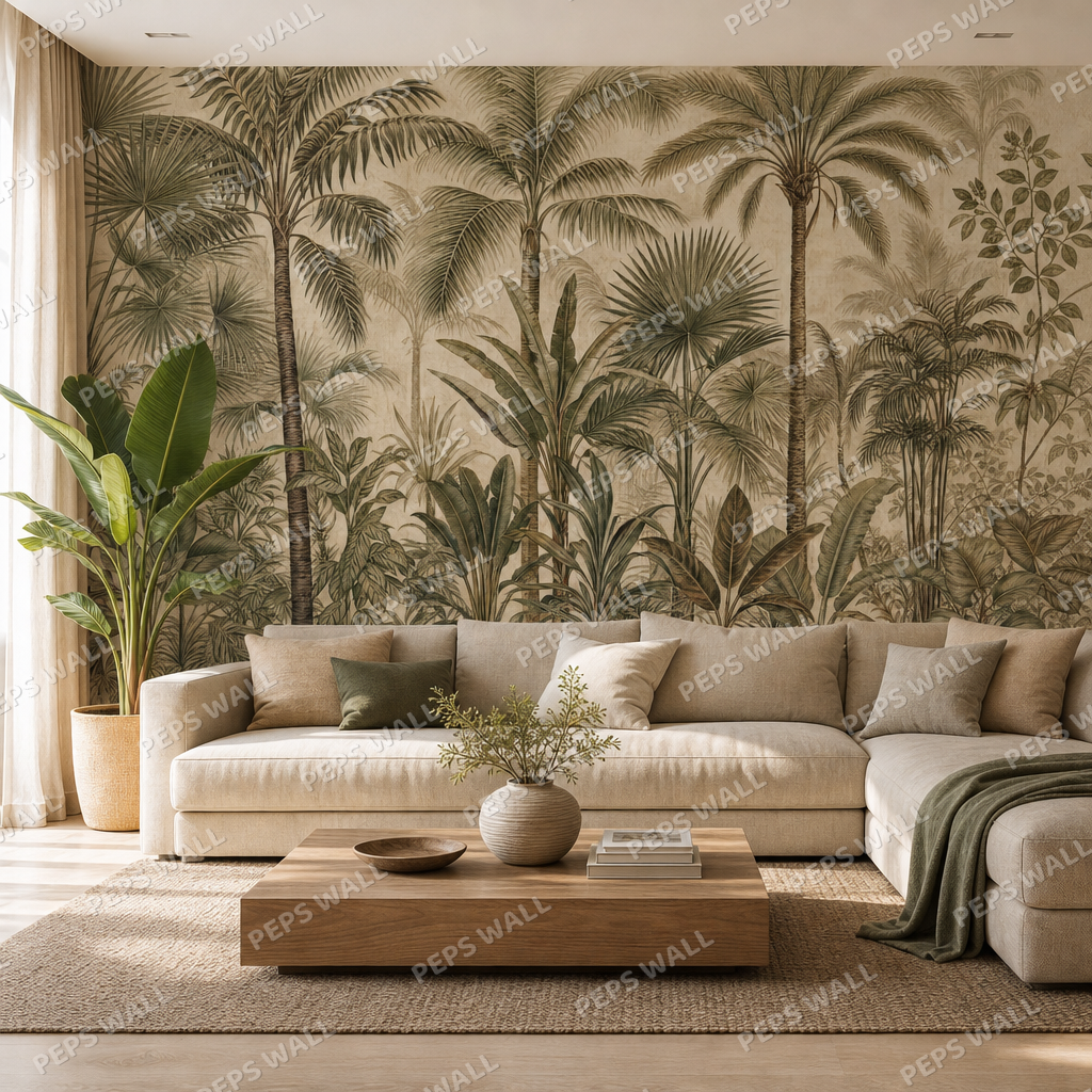 Vintage Palm Study wallpaper in a Dubai living room - Peps Wall