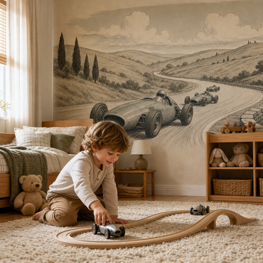 Vintage Racers wallpaper in a Dubai kids bedroom - Peps Wall