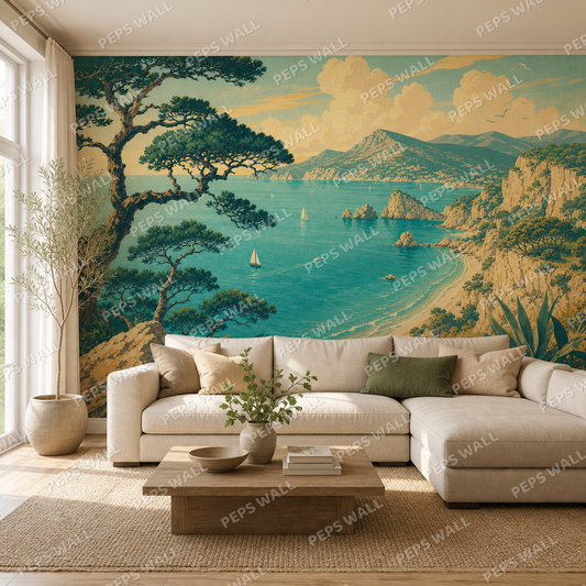Vintage Riviera wallpaper in a Dubai living room - Peps Wall